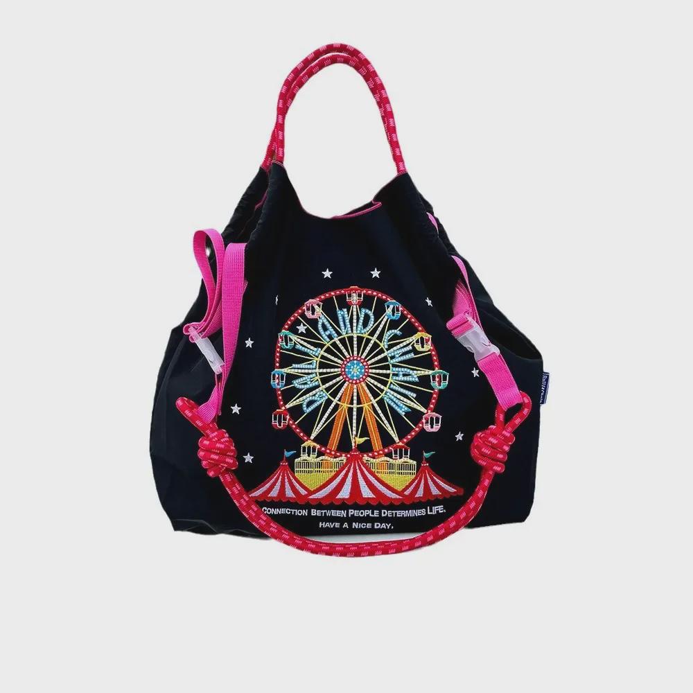 Stylish Japanese Embroidered Ball Chain Ferris Wheel Shoulder Bag