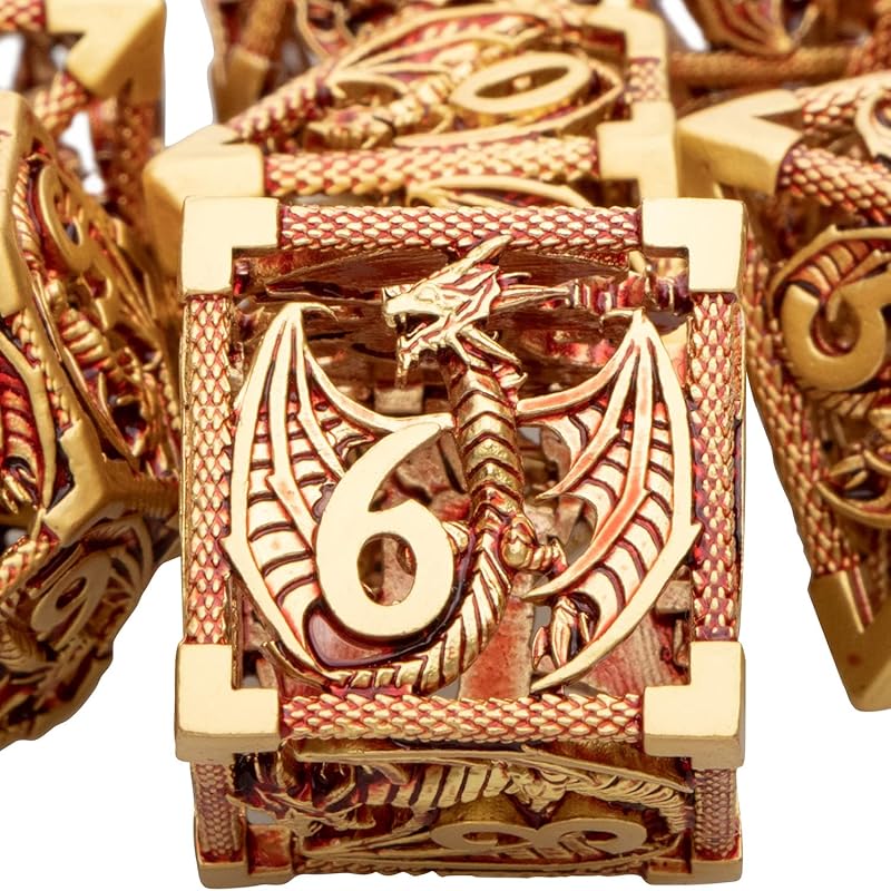 ARUOHHA Hollow DND Dice Set Copper Blue 5-Headed Dragon D and D Dice with Gift Box, Dungeons and Dragons Role Playing Games 7PCS Metal Polyhedral