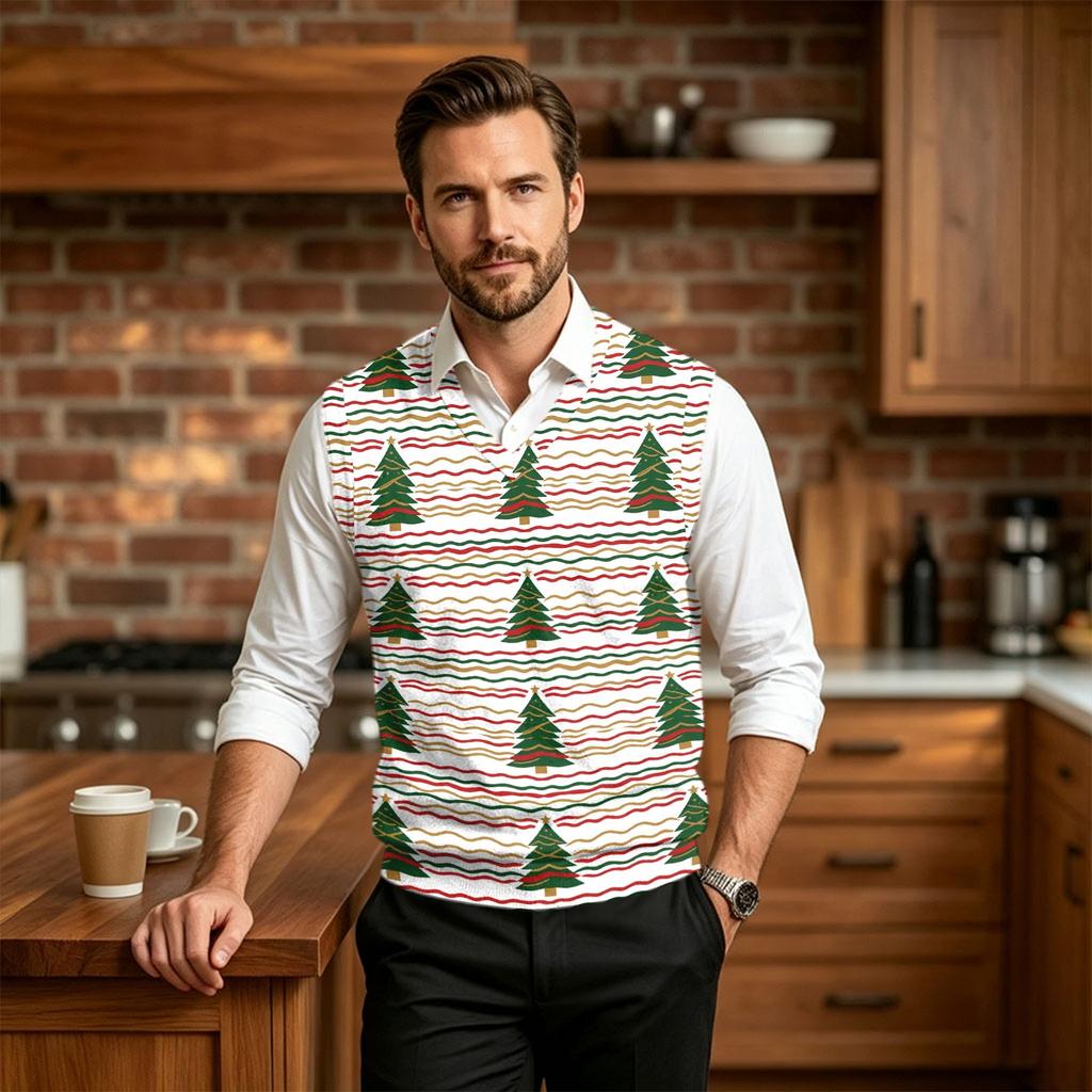 Herre Uld V-hals Strikket Sweater Vest, Juleprint Ærmeløs Pullover til Feriependling