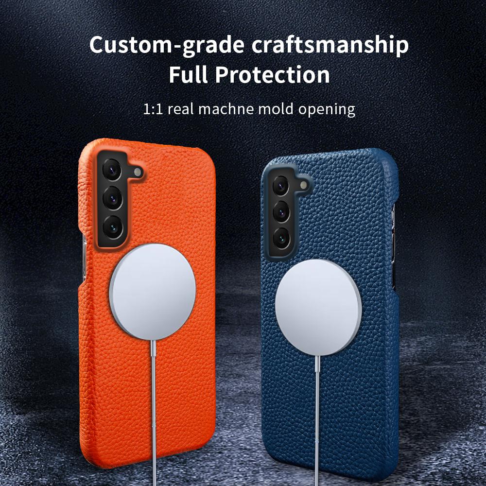 For Samsung Galaxy S22 5G Litchi Texture Magnetic Phone Case Anti-scratch Genuine Cow Leather+PC Cover