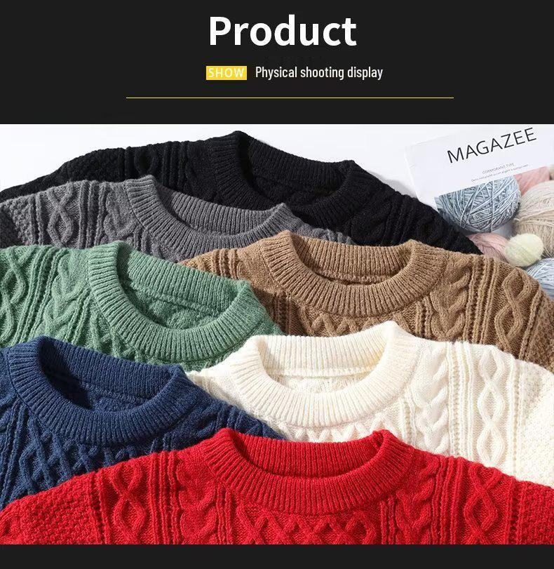 Men's Casual Winter Cable Knit Sweater - European & American Style, Solid Color, Round Neck Pullover