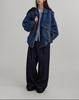 Women's Color-Block Bomber Jacket - Pre-owned Feel, Washed Denim Texture, Stand-up Collar