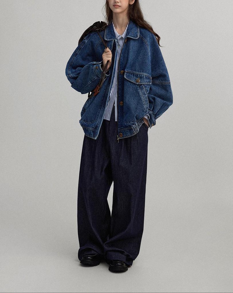 Women's Color-Block Bomber Jacket - Pre-owned Feel, Washed Denim Texture, Stand-up Collar