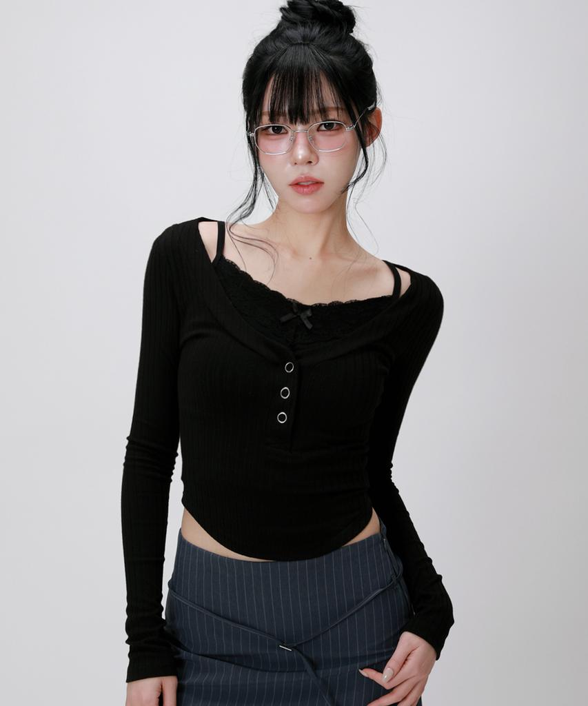 LIKE THE MOST Rib Henley Neck Slim Long Sleeve Top_Black