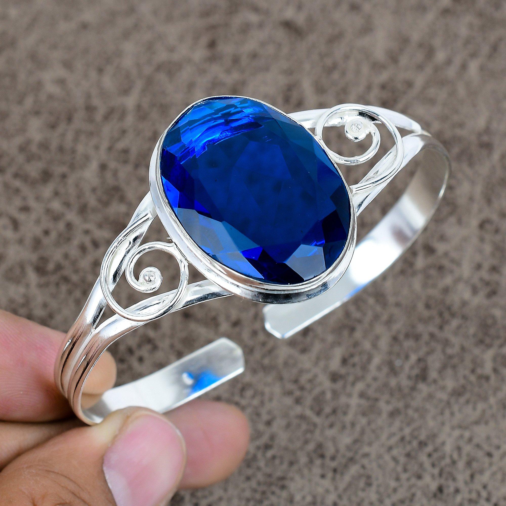 

London Blue Topaz Gemstone 925 Sterling Silver Cuff Bangle Adjustable KKG-212