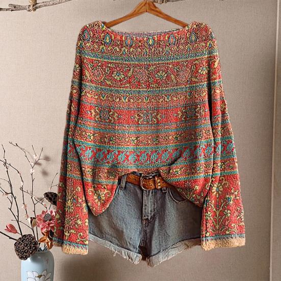 Women Autumn Sweater O-Neck Long Sleeve Vintage Oversized Pullover Sweater Ethnic Graphic Knit Tops