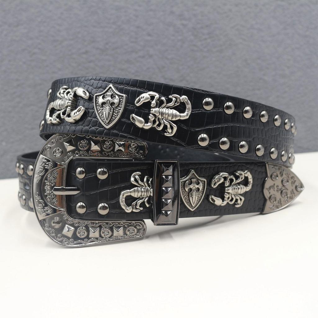 Crocodile Pattern Scorpion Rivet Leather Belt, Punk Y2K Unisex