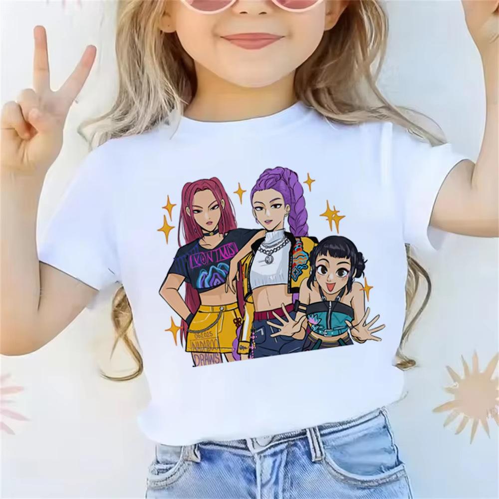 Boys' and Girls' Demon Hunter Girls Group Loose-Fit T-Shirt Summer Kids' Casual Round-Neck Short-Sleeve Top