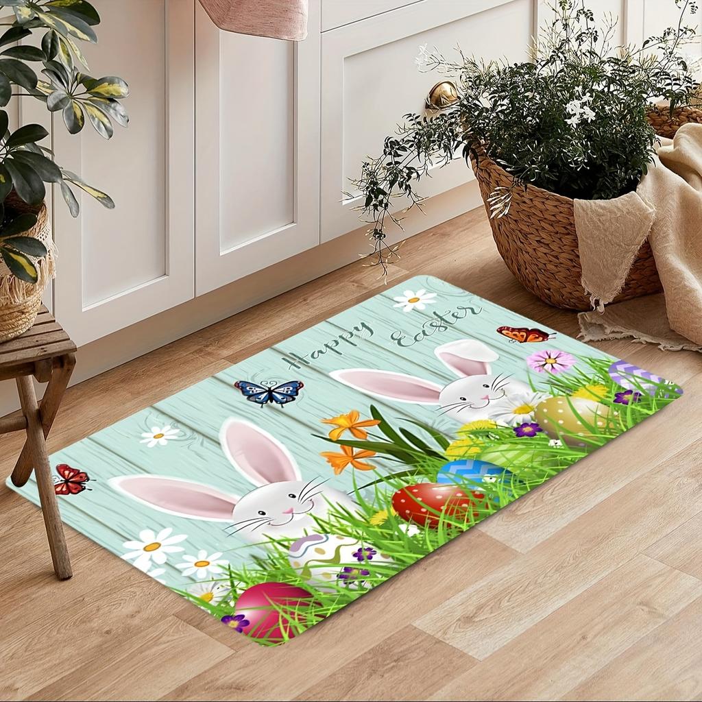 1Pcs Easter Themed Kitchen Mat Soft  Cute Bunny Egg And Wood Grain Print Kitchen Floor Mat Waterproof Non-slip Oil-proof Floor Mat Runner Rug
