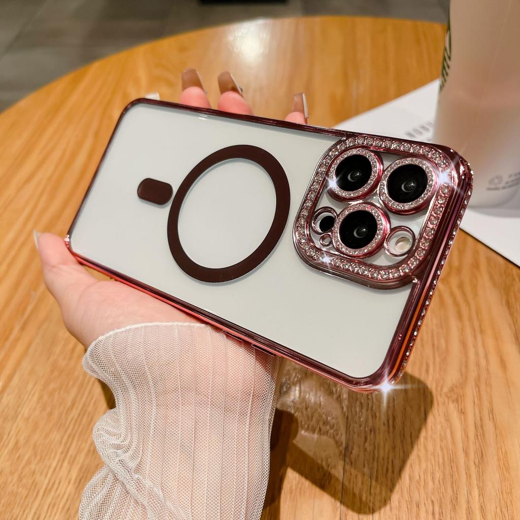Color diamond mobile phone case Magnetic flash drill mobile phone case Edge drill, suitable for 14PROMAX lens electroplating magnetic mobile phone ca