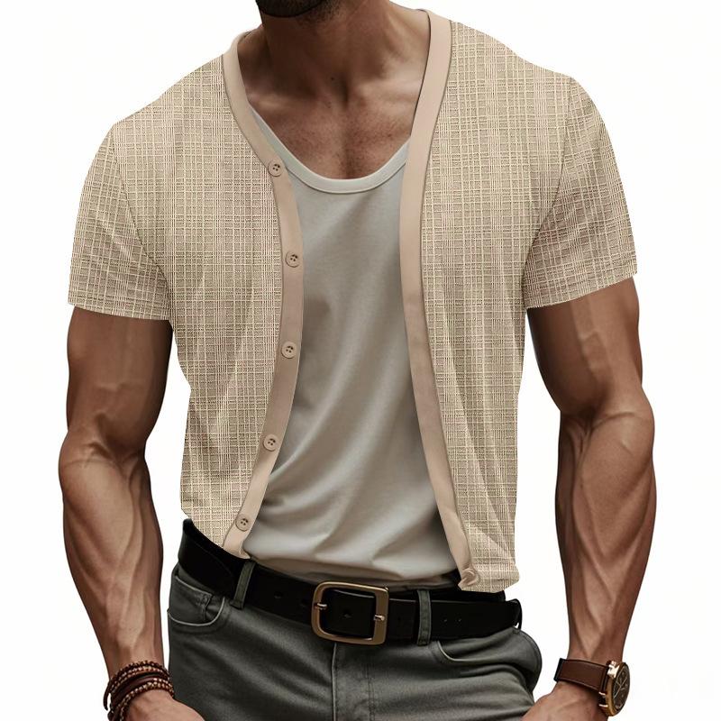 Imitation Mazhujun Summer Men's Casual Breathable Button V-neck Cardigan Short Sleeve Comfort T-shirt