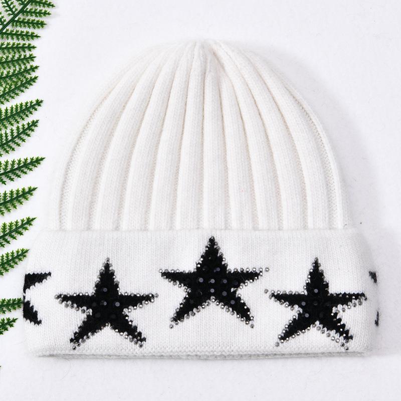 Versatile five-pointed star rabbit plush wool hat with drill outdoor autumn and winter fashion knitted hat warm ear protection windproof
