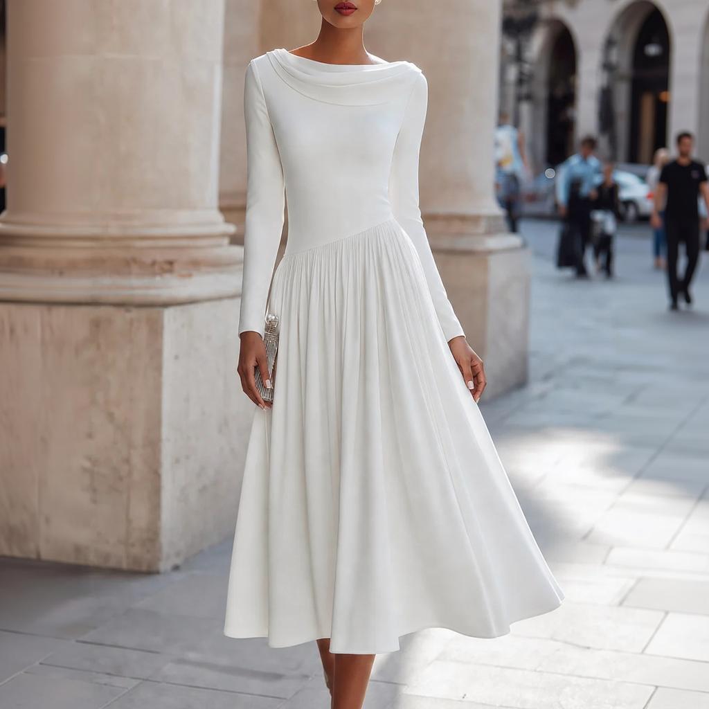 Damen Langarm Rollkragen Midi Kleid A-Linie Fließendes Partykleid für Abendveranstaltungen