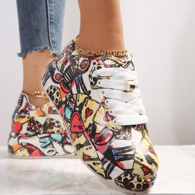 Fashion Women Sneakers Thick-soled Increased Women Sneakers New Hand-painted Graffiti White Women Shoes Outdoor Casual Shoes Plus Size
