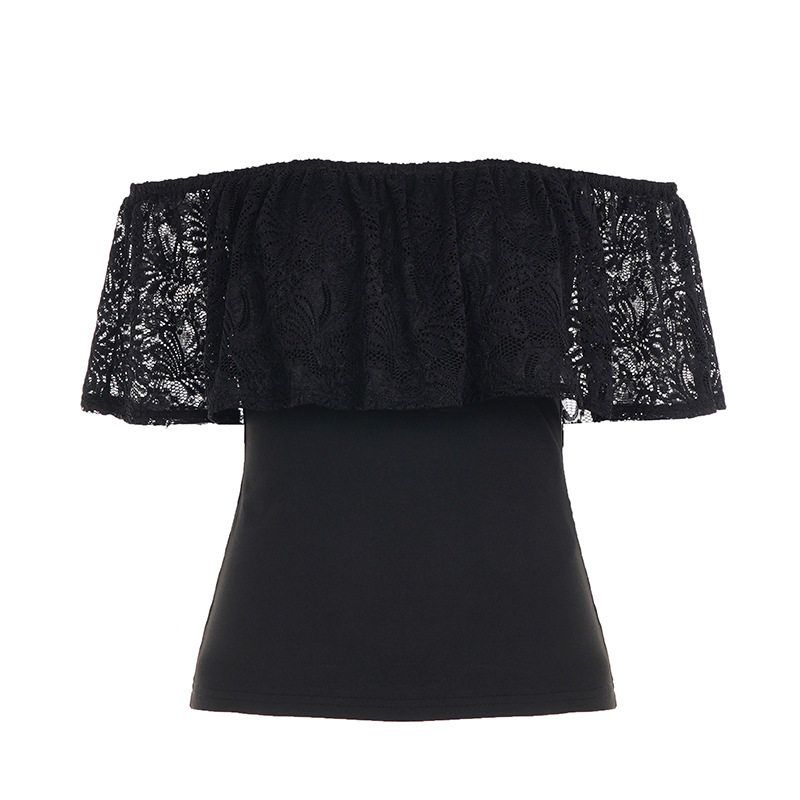 

Cross-Border European and American Dark Style Lace Patchwork Off-Shoulder Top for Women, Summer Slim Fit, Slimming, Trendy Hot Girl Top Black S