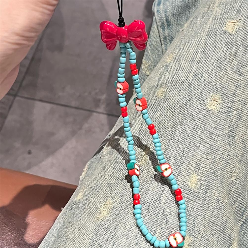 

INS Korean Cute Bowknot Apple Bead Phone Chain Pendant Strap For iPhone Camera Key Girl Jewelry Bracelet Hanging Rope Cord Gift