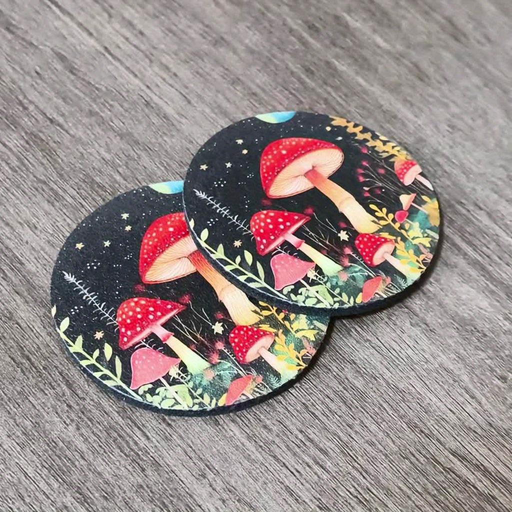 Set of 2 Car Coasters Designed for Cup Holders, Featuring an Absorbent And Aesthetic Starry Night Mushroom Theme