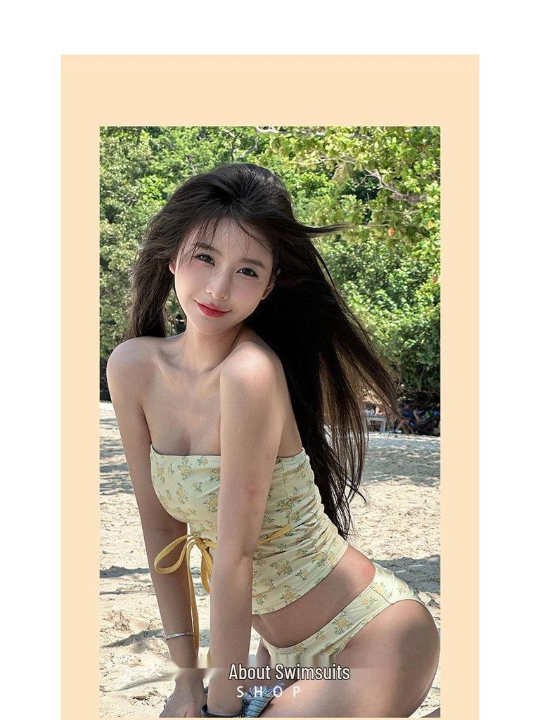 Korean Floral Tube Top Bikini for Women - Slimming & Whitening, Perfect for Beach and Hot Springs