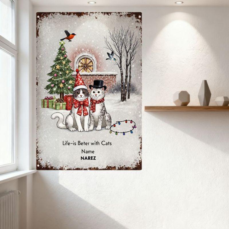 Vintage Winter Christmas Cats Metal Sign 'Life Is Better with Cats' Snowy Scene Santa Hat Cats Tin Sign for Home Wall Decor Bar