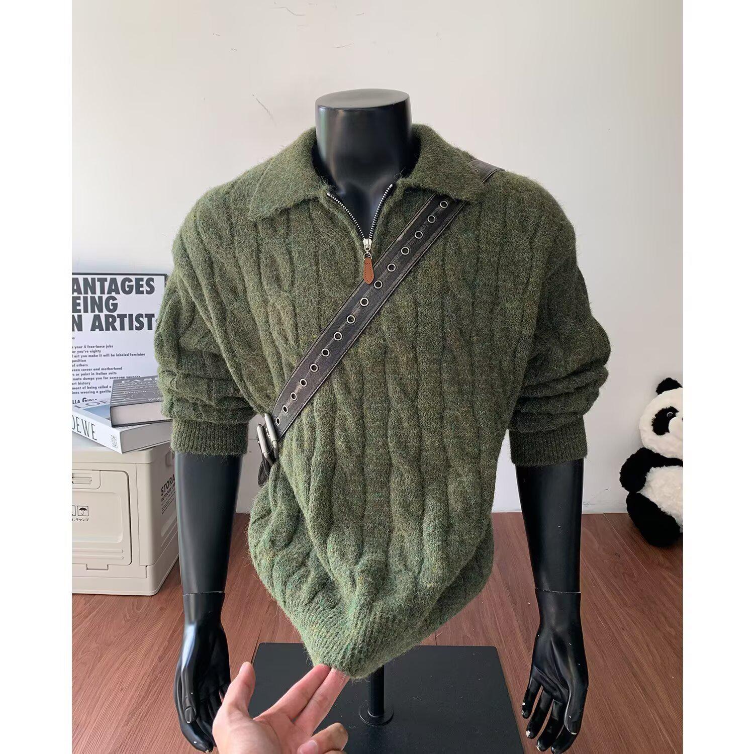 

Men s Autumn/Winter 2026 Half-Zip Lapel Sweater - American Style Knitwear M зелений