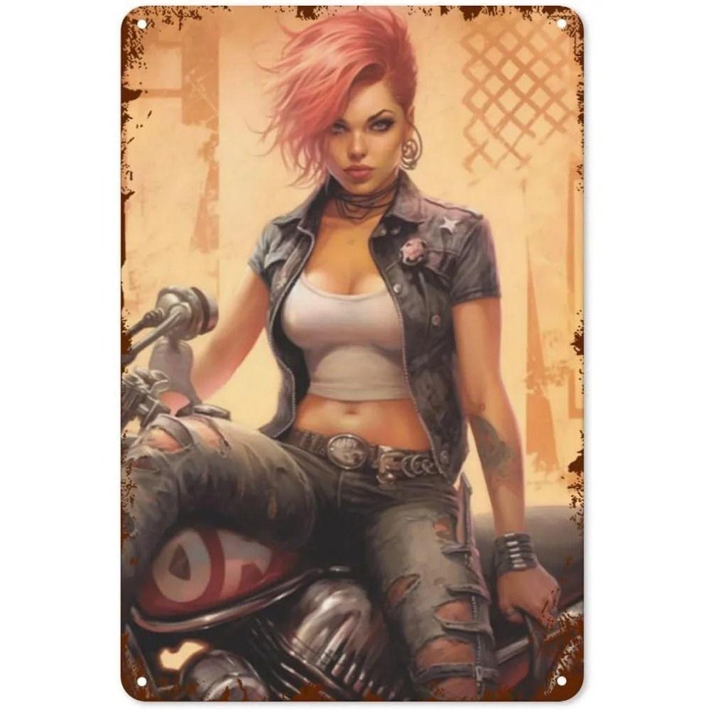 Vintage Motorcycle Girls Metal Tin Sign Garage Bar Decor