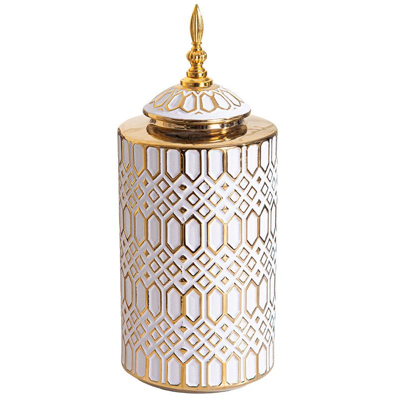 Geometric Golden Striped Ceramic Vase General's Jar with Lid Sealed Storage Tank Ginger Jar Flower Vase Home Decoration