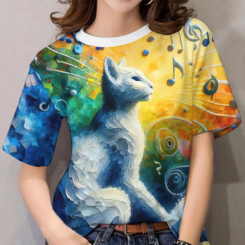 Summer Ladies T-Sleeve Music Kitten Pattern 3d Printing Fashion Casual Round Neck Women's Short-Sleeved