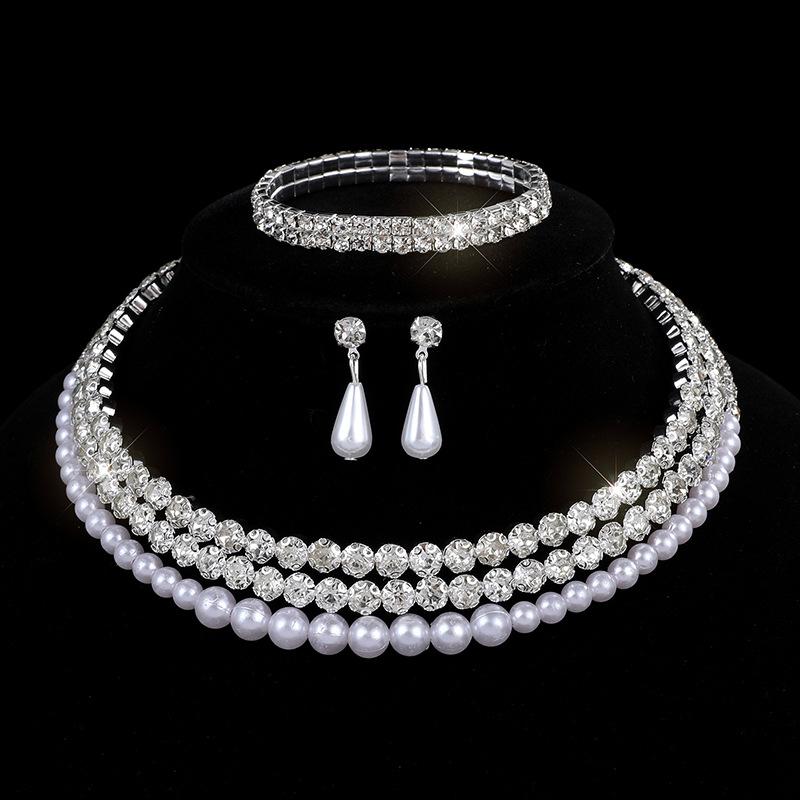 Bridal Pearl Full Diamond Necklace Necklace Diamond Imitation Pearl Bracelet Earrings Necklace Set Women