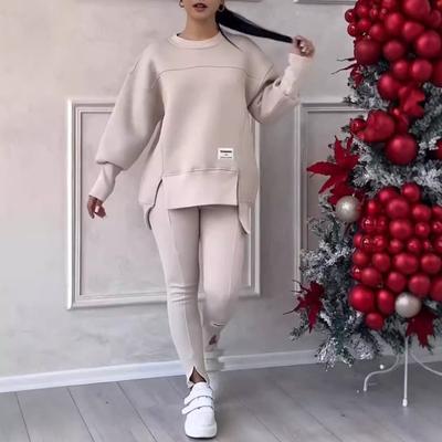 2 Pcs/Set Women Top Pants Suit Round Neck Long Sleeve Slit Hem Sweatshirt Elastic Waist Solid Color Slim Fit Trousers Winter Daily Wear Outfit