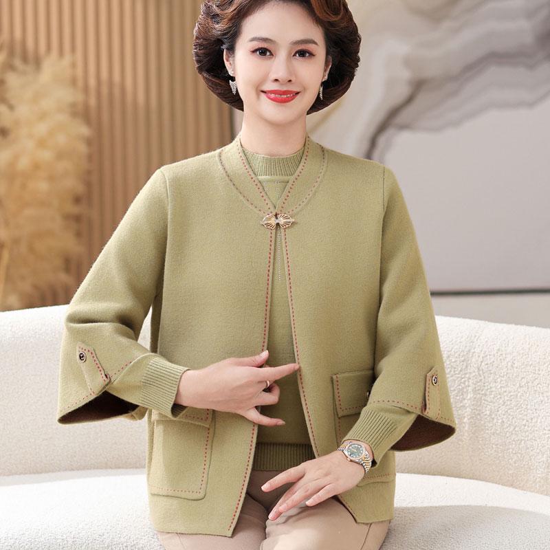 Hengyuanxiang Červený vlněný dvoudílný pletený komplet pro středněvěké a starší ženy - Podzim/Zima Šťastný outfit pro tchyni.