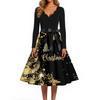 Women's Retro V-Neck Christmas Print Dress with Snowflake and Christmas Tree Pattern
