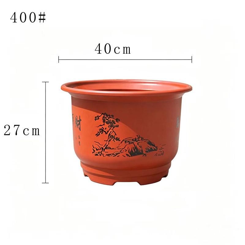 Imitation Ceramic Round Flower Pot, Brick Red Frosted Resin, Realistic Classical Landscape Style
