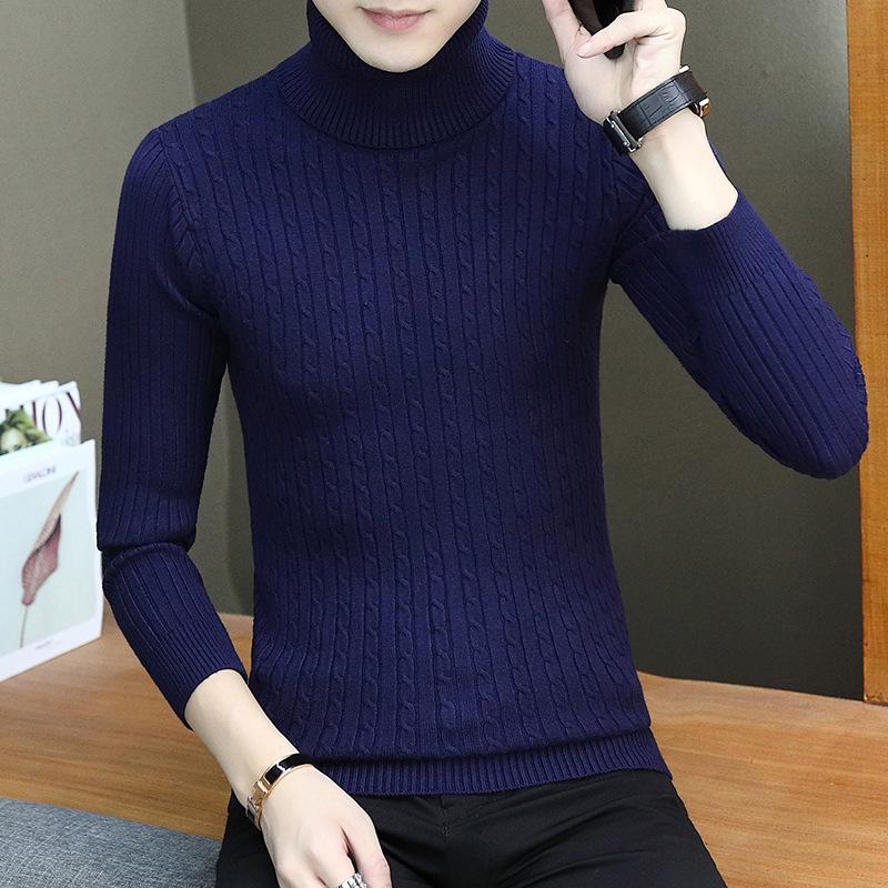 New Men's Turtleneck Sweaters Autumn Knitted Striped Streetwear Warm Long Sleeved Pullover Solid Color Basic Style Casual Tops