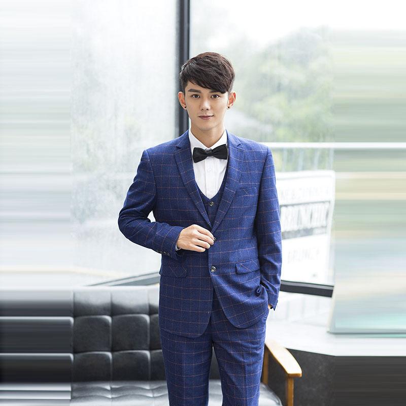 Men's Blue Plaid Slim Fit Blazer & Suit Set - Korean Style Two-Button Casual Tuxedo