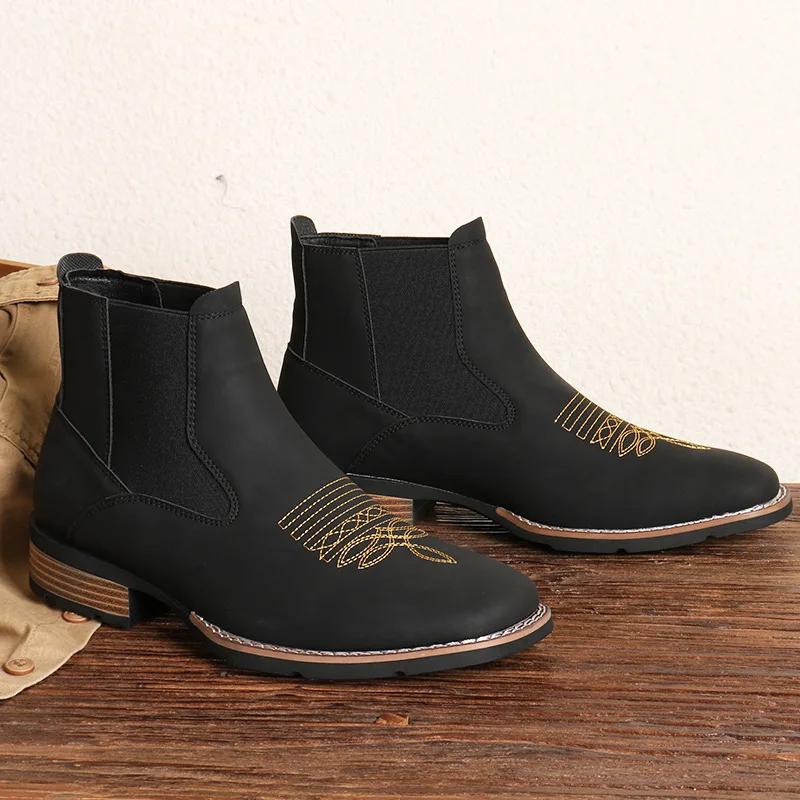 Fashion Men's Chelsea Boots High Quality Casual Leather Boots Retro Ankle Boots for Men Embroidery Western Cowboy Boot Botas Masculinas