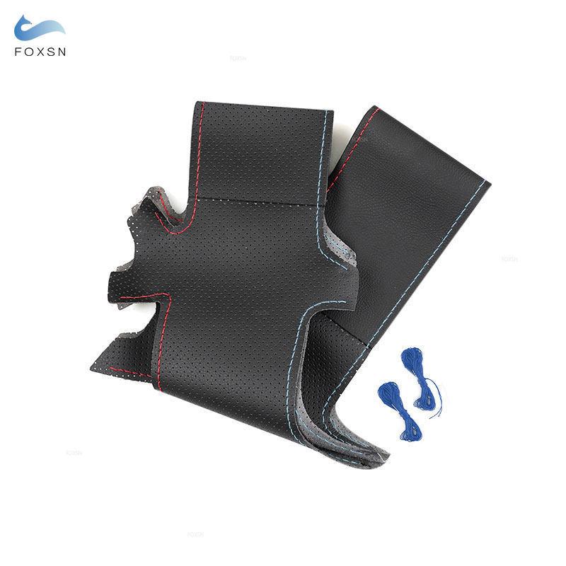 Für BMW E36 E39 E46 X3 E83 X5 E53 Lenkradbezug Handgenäht Schwarz-rot blaue Linie Perforiertes Leder mit Nadeln & Fäden
