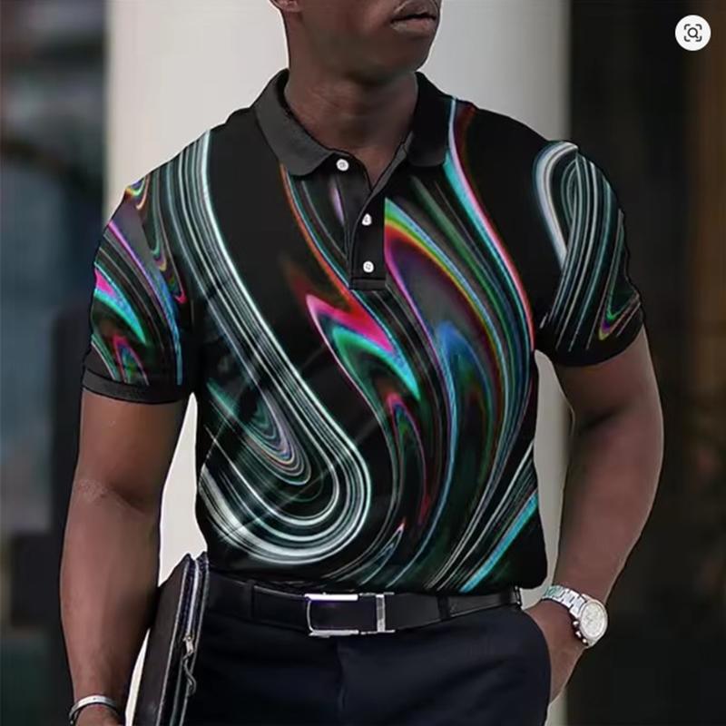 Men's Colorful Wave Print Lapel Polo Shirt, Summer Slim Fit Casual Short Sleeved Top