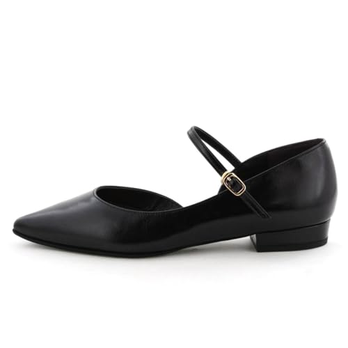 HIMIKO Himiko Pointed-toe Flat Pumps with Straps, Side-open Mary Jane Style, 651301, Black, Size 240.