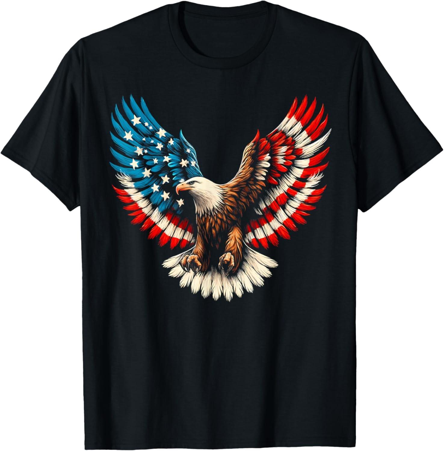 Bald Eagle & Patriotic American Flag 4th of July T-Shirt S