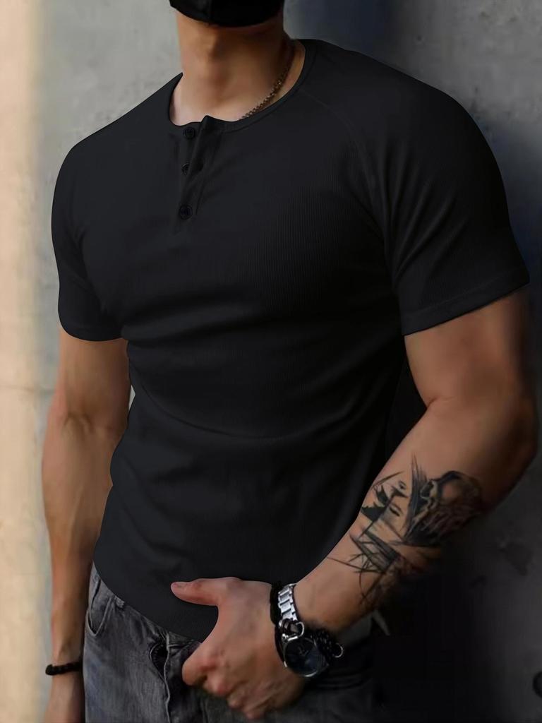 2024 Men's Semi-Tight Henley Fitness Shirt - Solid Color Striped Stretch Short Sleeve Athletic Top
