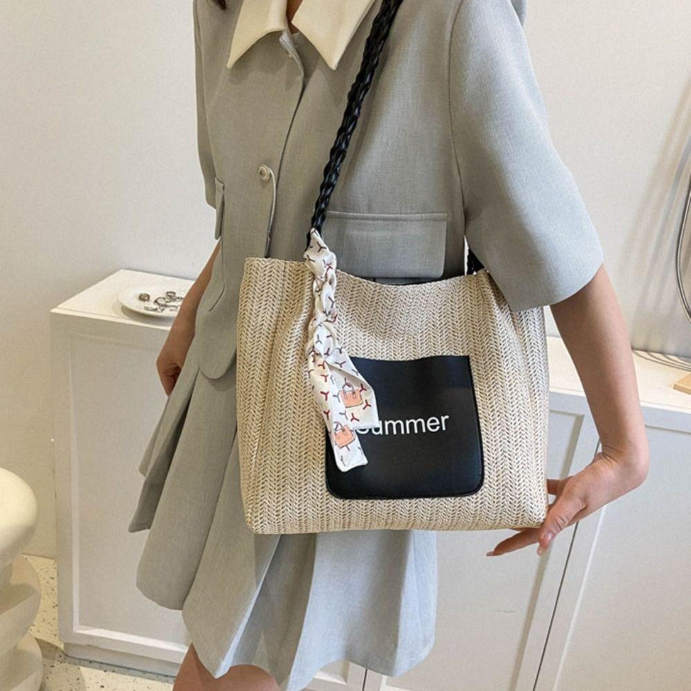 

Solid Color Beach Shoulder Bag Ribbon Women Handbag Simple Straw Woven Tote Bag Students чорний