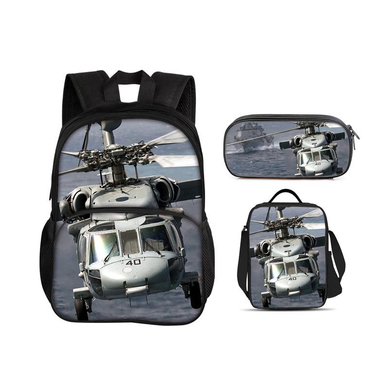 Helicopter Round Front Bag Backpack, Pencil Case, Ice Pack, 3Pcs Set, Mechanical Printing Best Gift for Boys and Girls In School