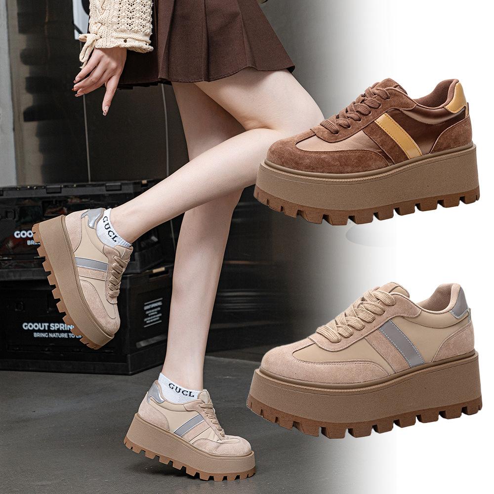 Leather thick-soled heightening muffin shoes for women's 2025 autumn and winter new turning fur lace-up casual shoes for women's casual versatility
