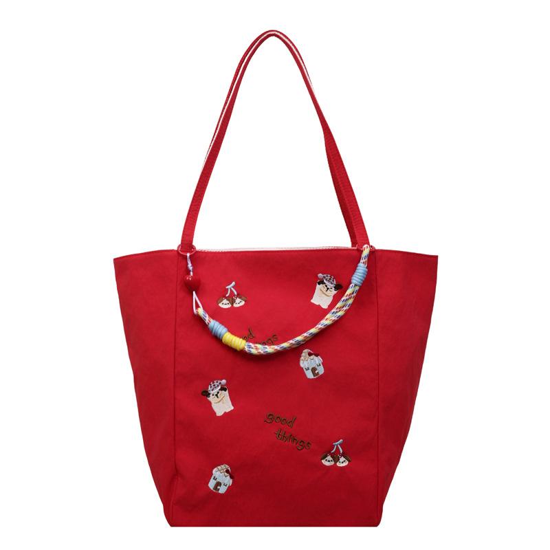 Japanese And Korean Style Casual Canvas Bag Cute Cartoon Embroidered Canvas Bag Women'S Large-Capacity Portable Shoulder Bag Commuting Class