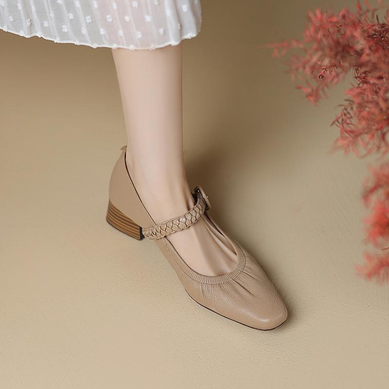 Fashion Casual Sneakers Woman Genuine Leather Apricot Square-toed Single-bar Buckle Soft Sole Low-cut Mary Jane High Heel for Spring