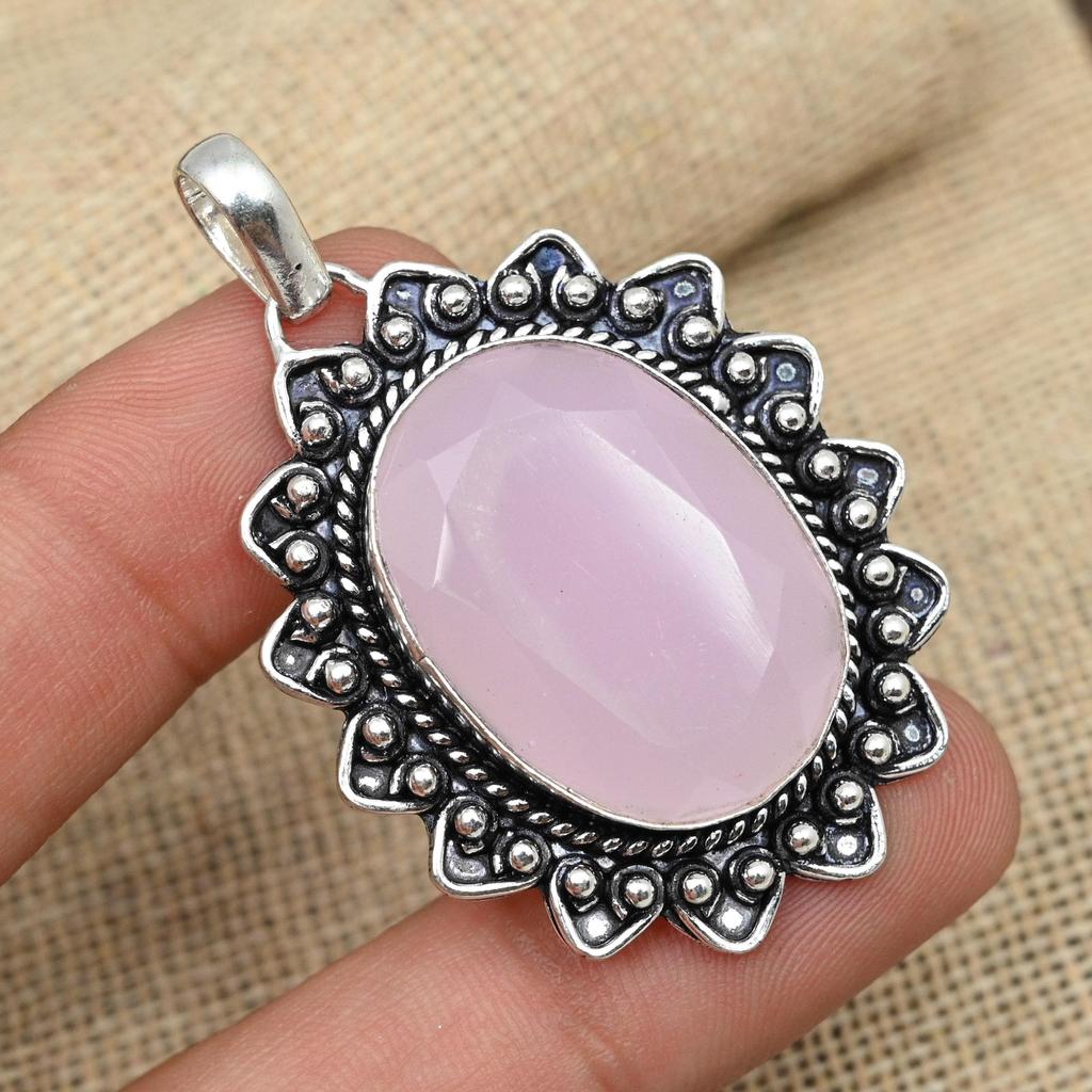 Pink Chalcedony Gemstone  925 Sterling Silver Fancy Oval Shaped Pendant For Gifts