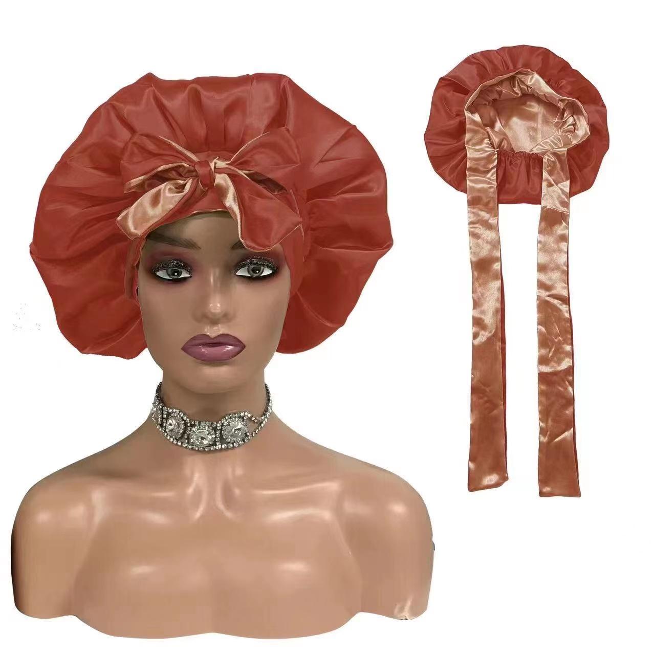 Hair Bonnet Satin Custom logo Silk Bonnets Double Layer Bonnet with Long Tie