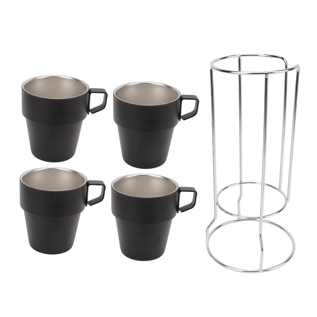 4PCS Camping Double Layer Cups Stainless Steel Food Grade Plastic Spraying Stackable Coffee Cup for Picnic Black