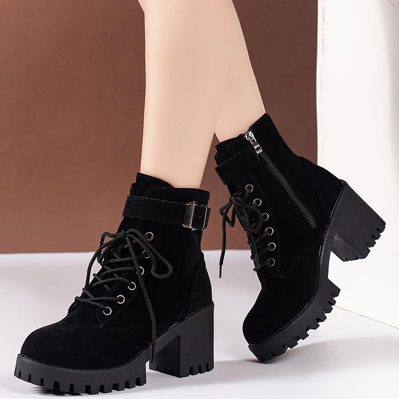 Cotton Shoes Winter New Round Toe Suede Zip Metal Buckle Platform Non-Slip Block Heel Booties