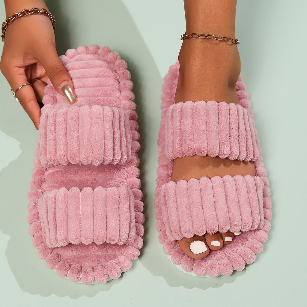 Fashion Corduroy Cross Strap Home Slippers Men Soft Warm Flat Slides Women Family Indoor Fashion Concise Plush Sandals for Four Seasons